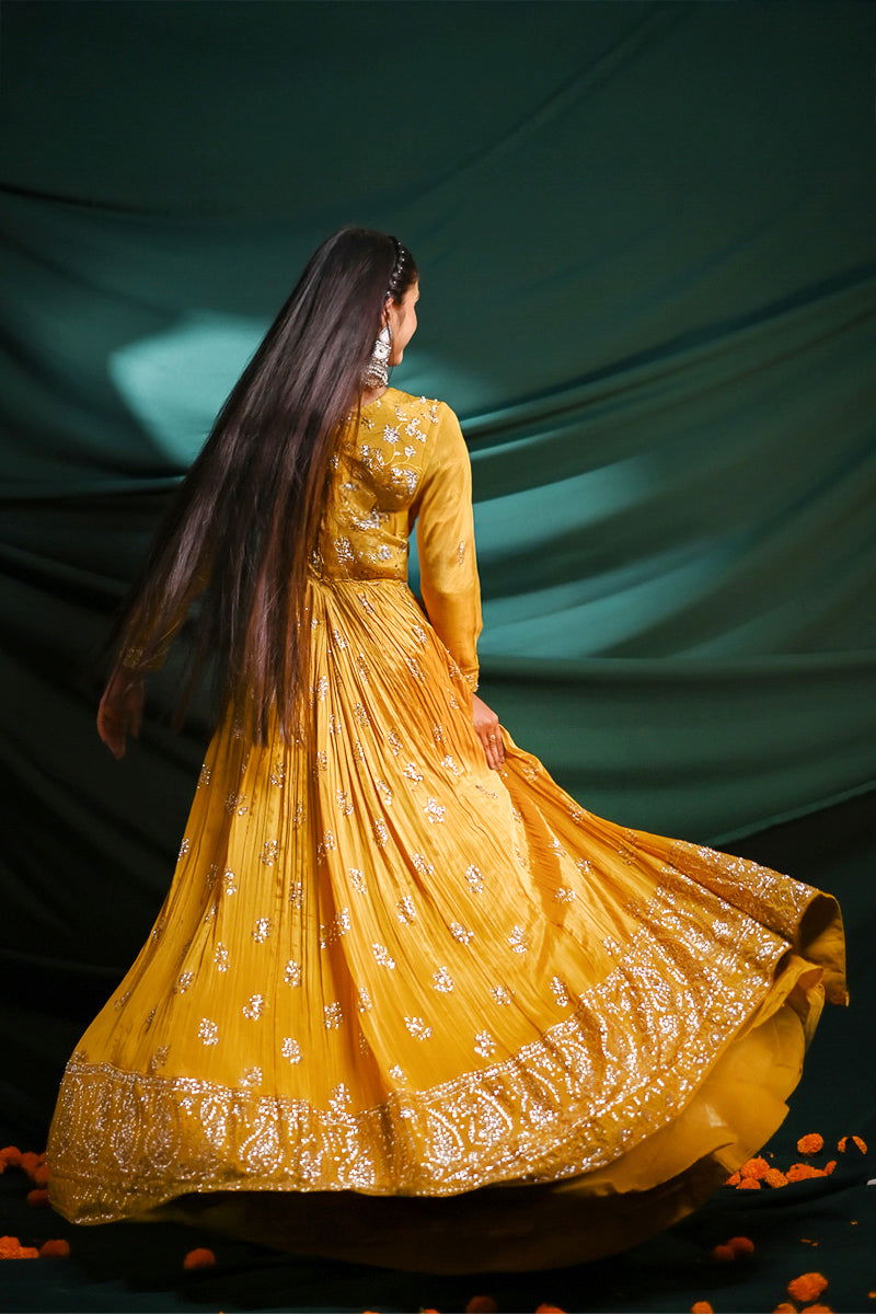 Yellow Long Floor-Length Designer Kurta with Lehenga Skirt and Dupatta - Mayrake - 