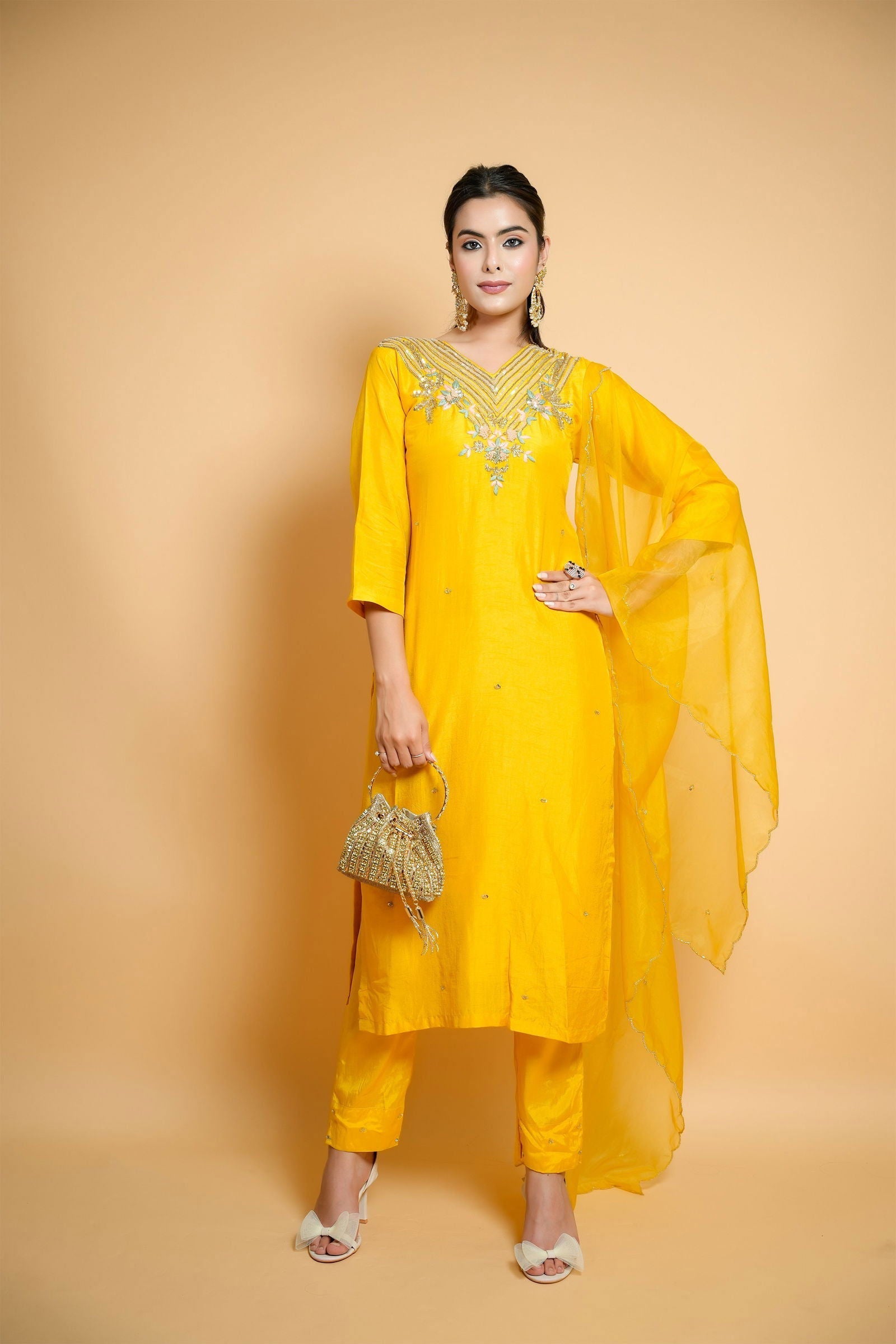 Yellow Silk Hand-Embroidered Suit with Organza Dupatta - Mayrake.in
