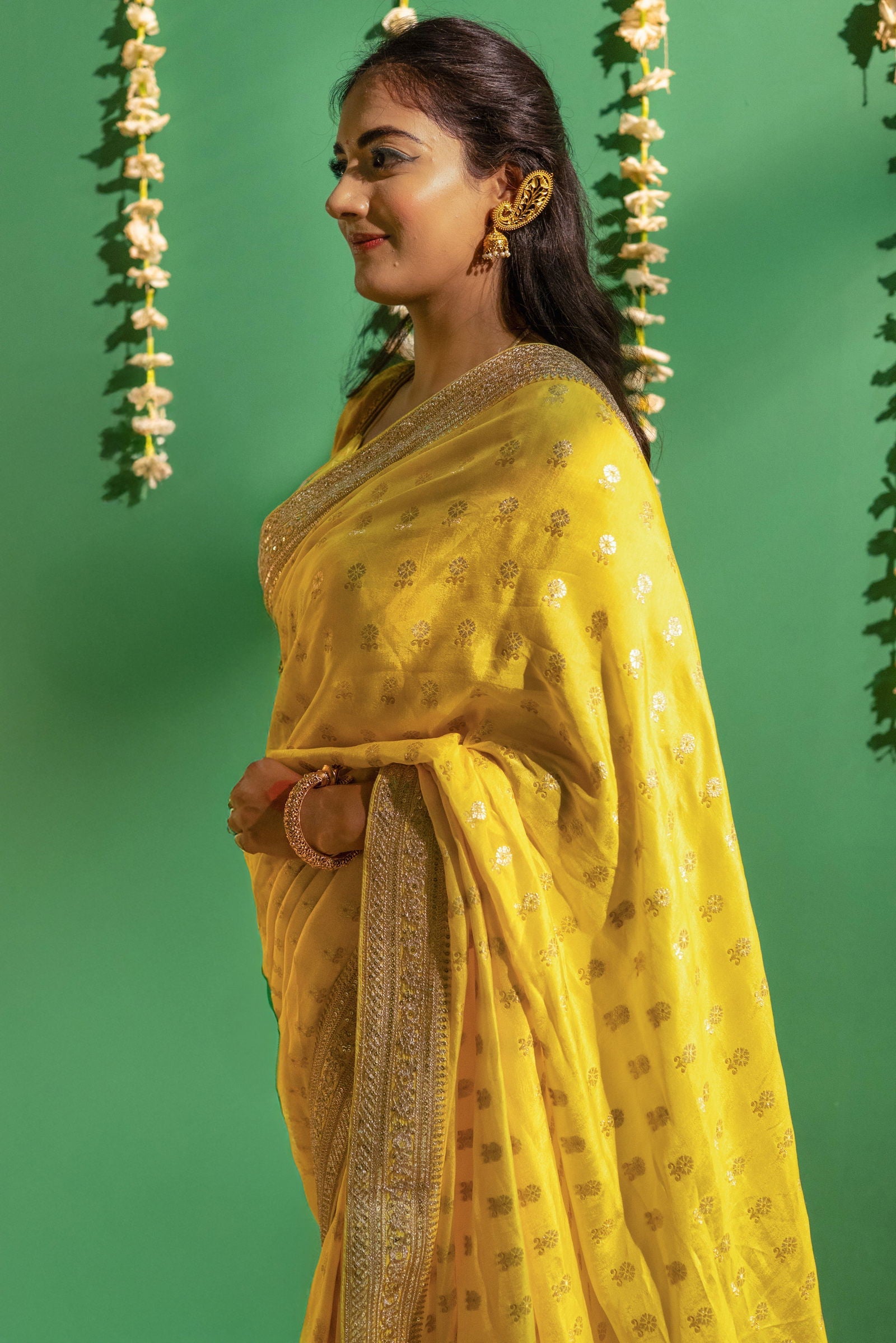 Yellow Silk Saree with Golden Buti Work and Rich Zari Border - Mayrake.in