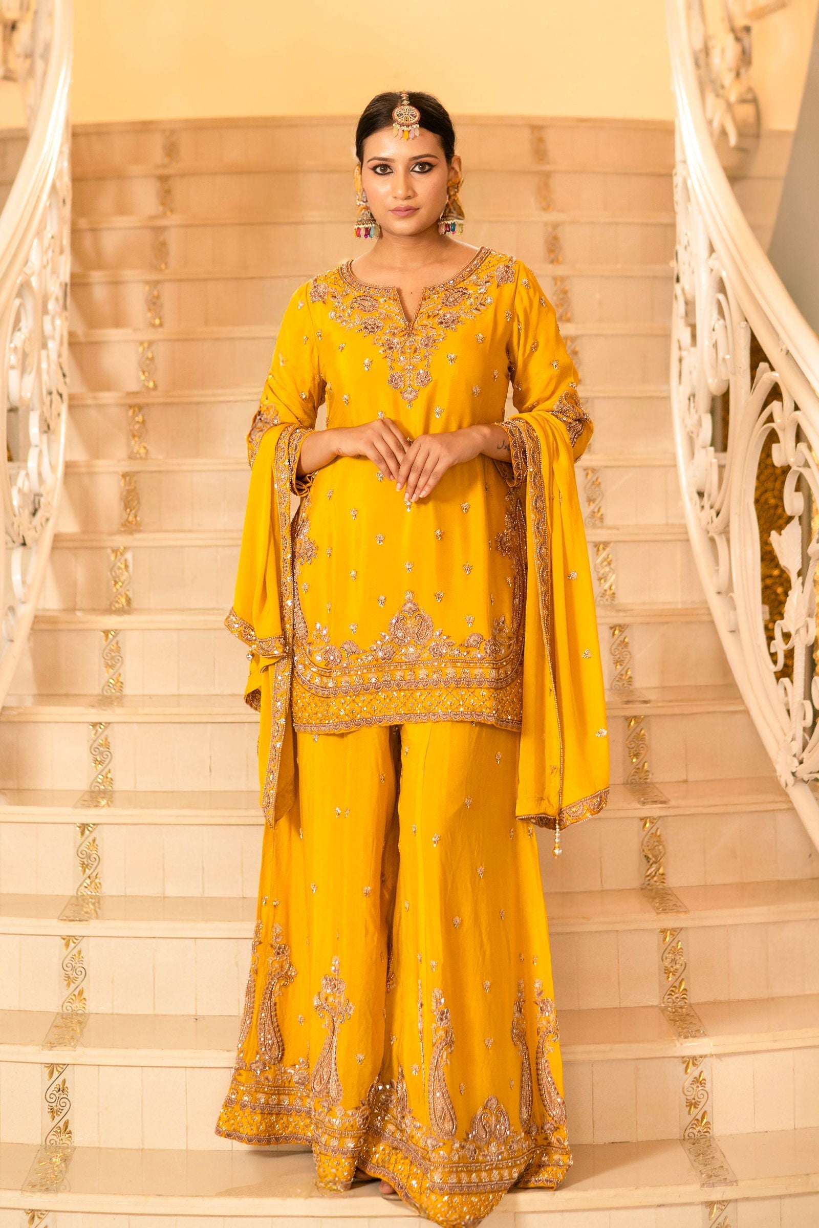 Yellow Viscose Silk Detailed Heavy Embroidered Sharara Set - Mayrake.in