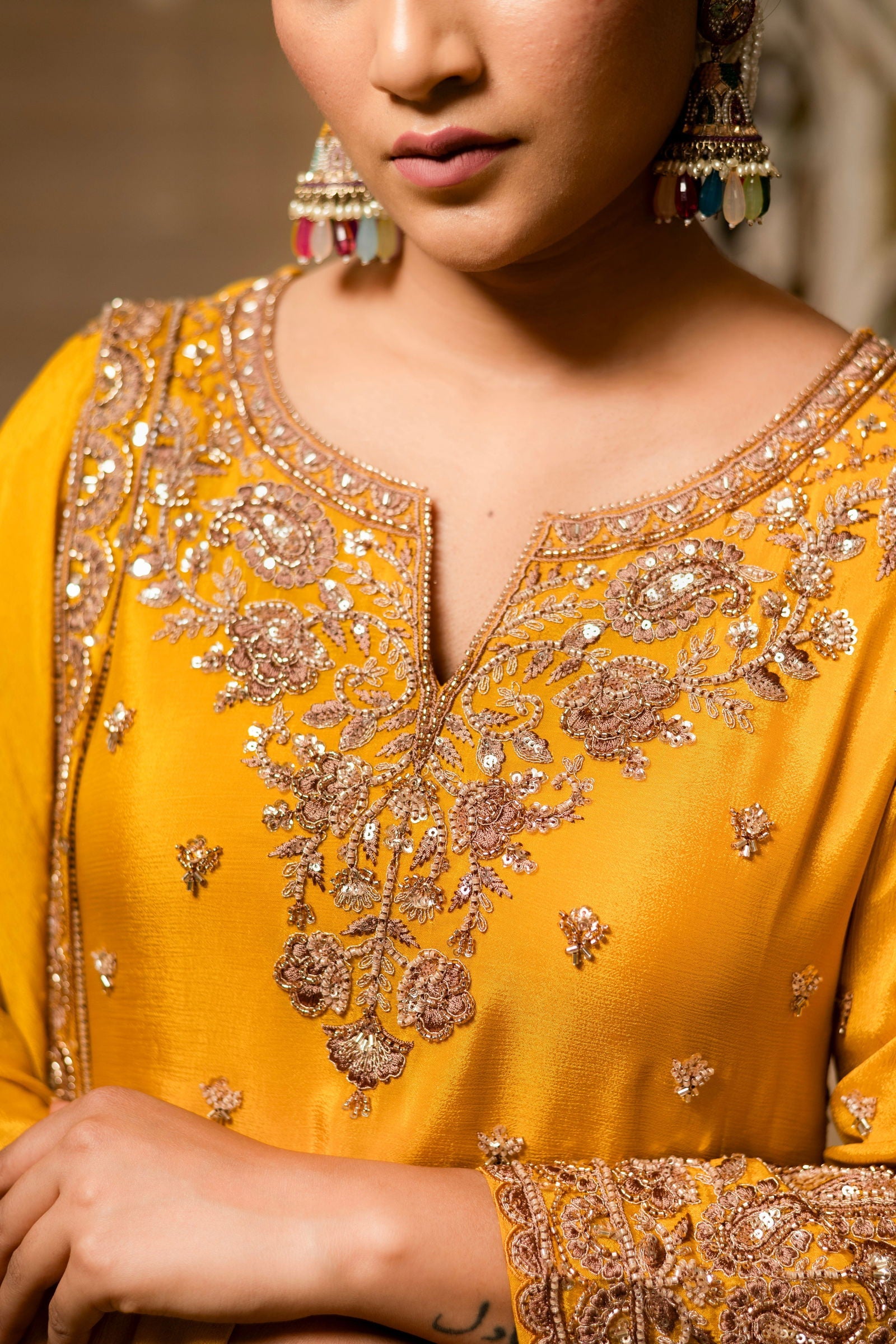 Yellow Viscose Silk Detailed Heavy Embroidered Sharara Set - Mayrake.in