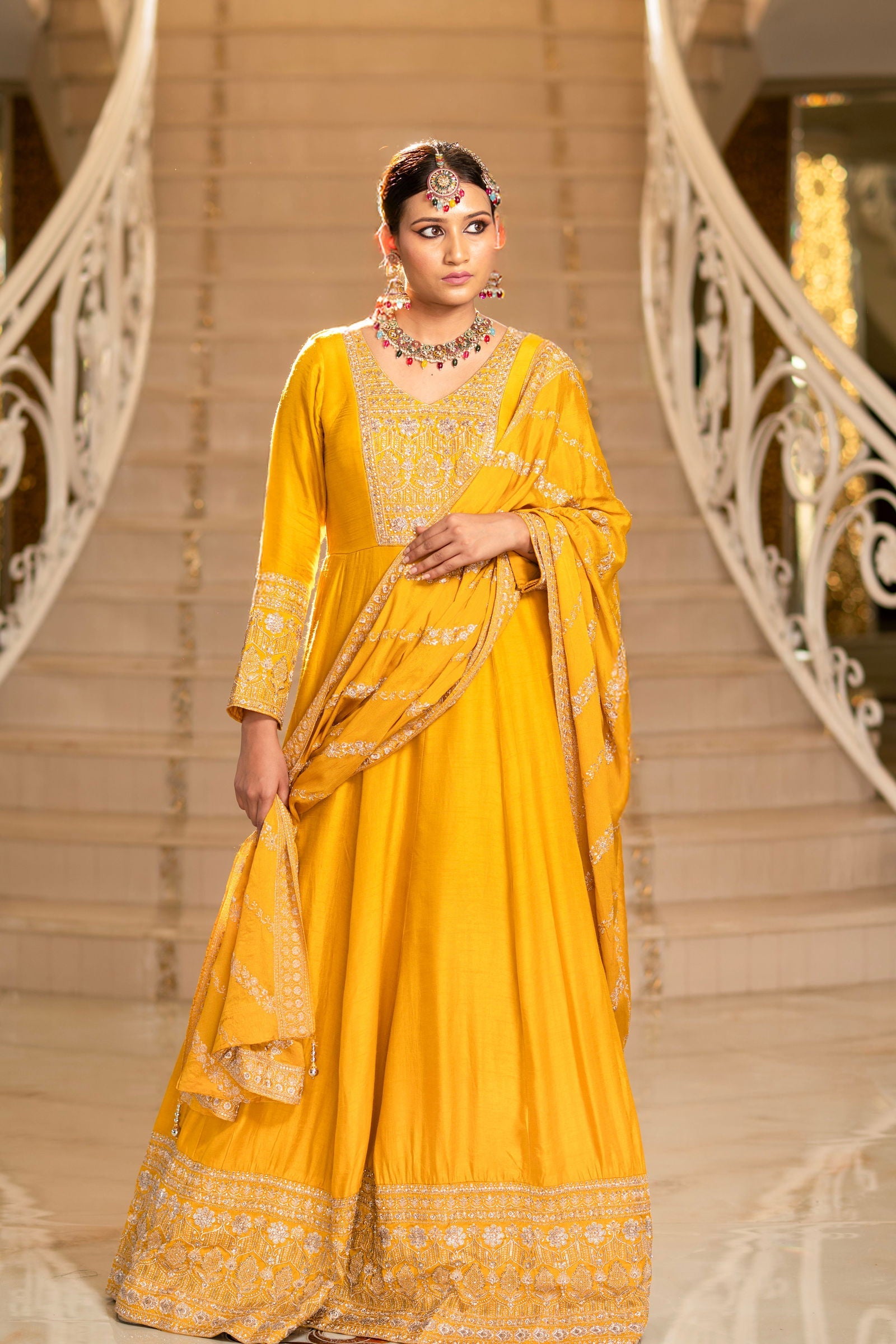 Yellow Viscose Silk Zari Embriodered Floor Length Anarkali Set - Mayrake.in