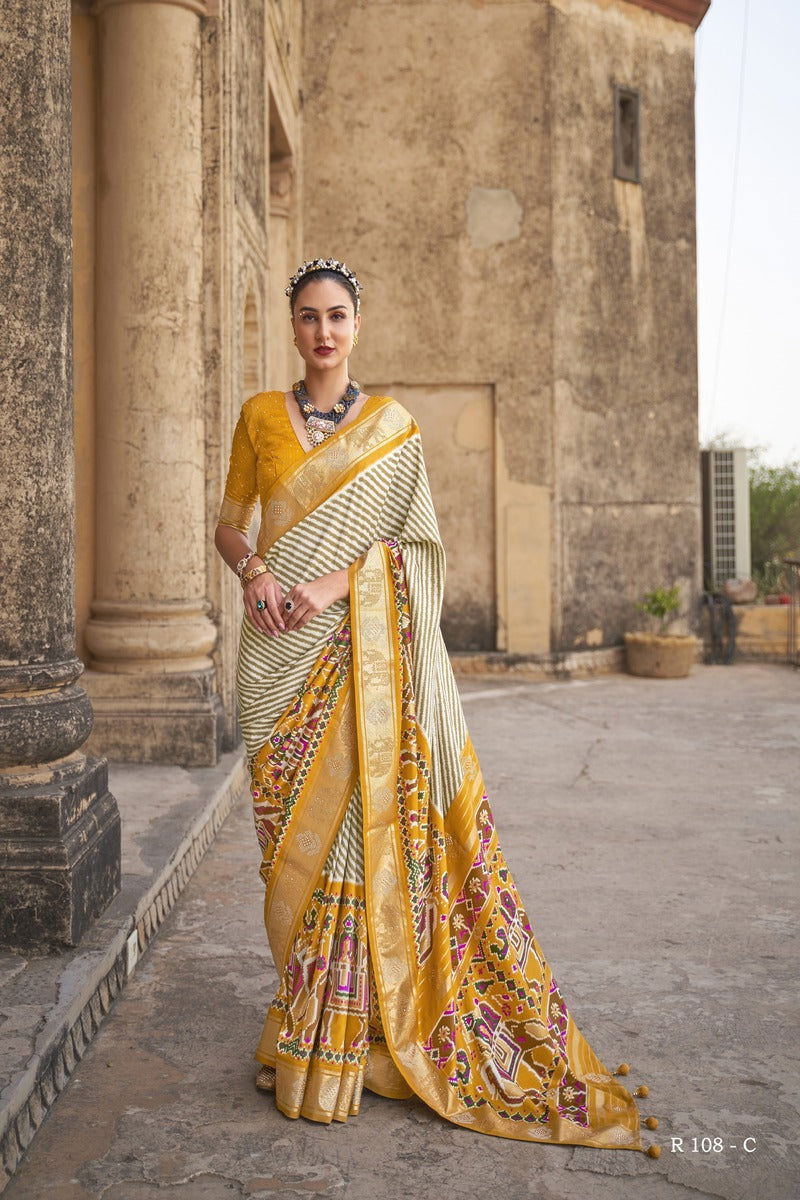 Yellow with Multi-Color Golden Border Viscose Silk with Patola Design and Apoxy Work - Mayrake