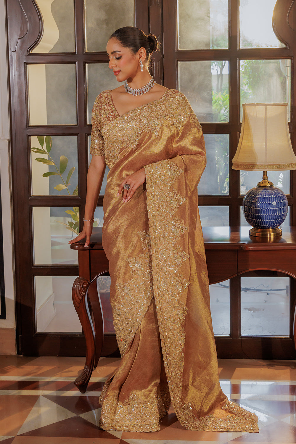 Dark Peach Silk Saree with Zircon Stone Embroidery