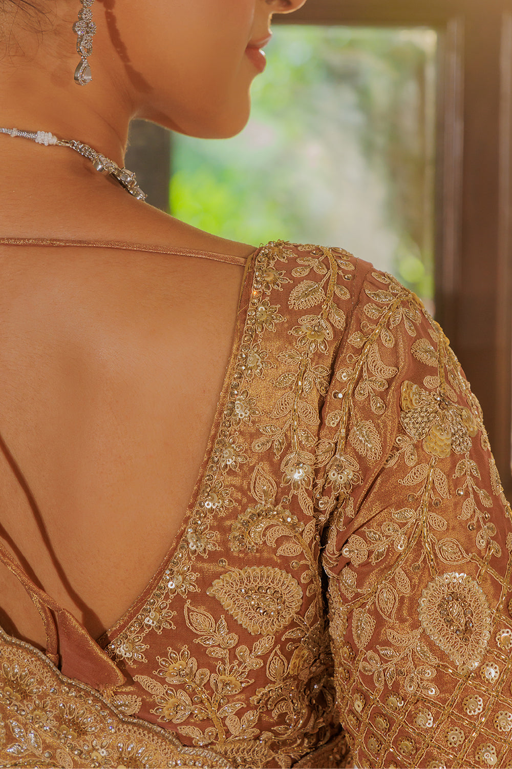 Dark Peach Silk Saree with Zircon Stone Embroidery