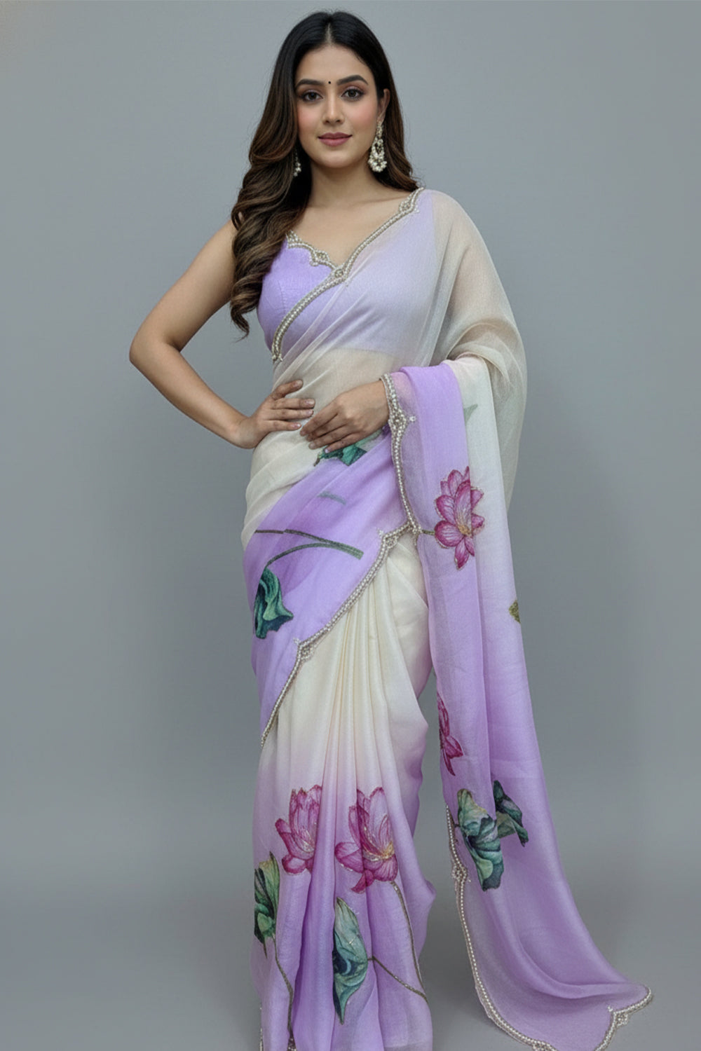 Fuchsia Pink Tebi Twin Silk Saree with Floral Digital Print & Moti Handwork Border