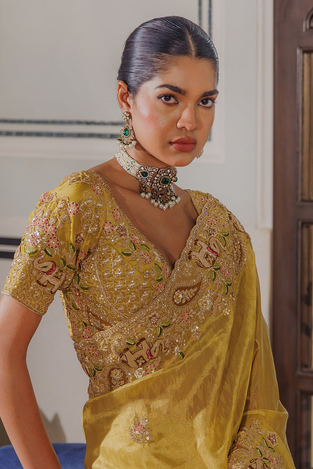 Gold Organza Saree with Zardozi & Zircon Thread Work