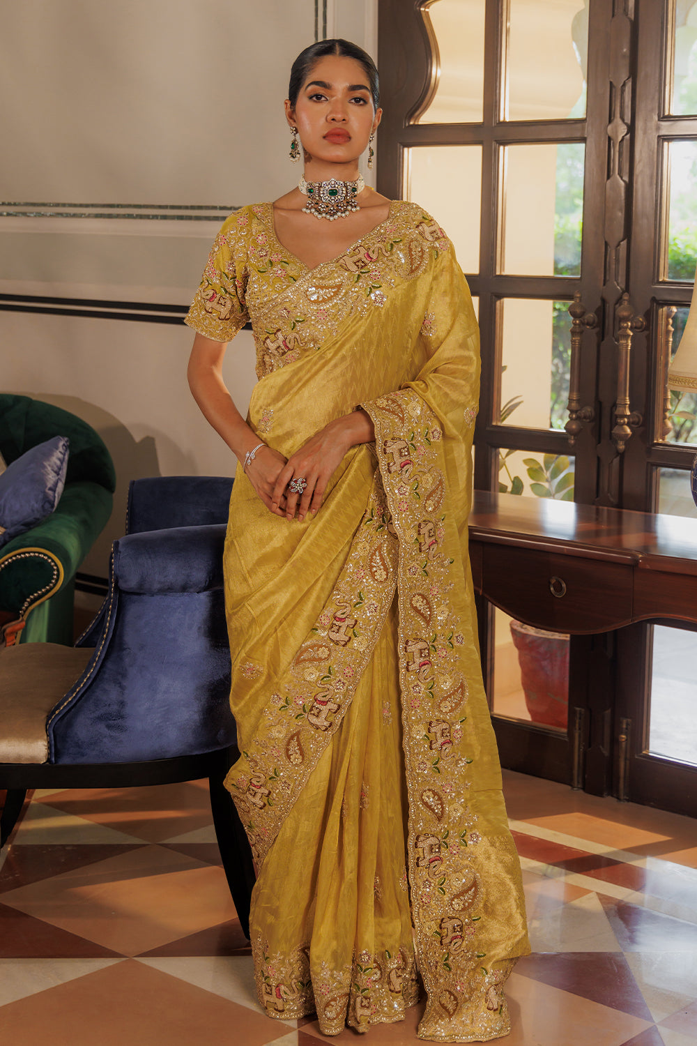 Gold Organza Saree with Zardozi & Zircon Thread Work