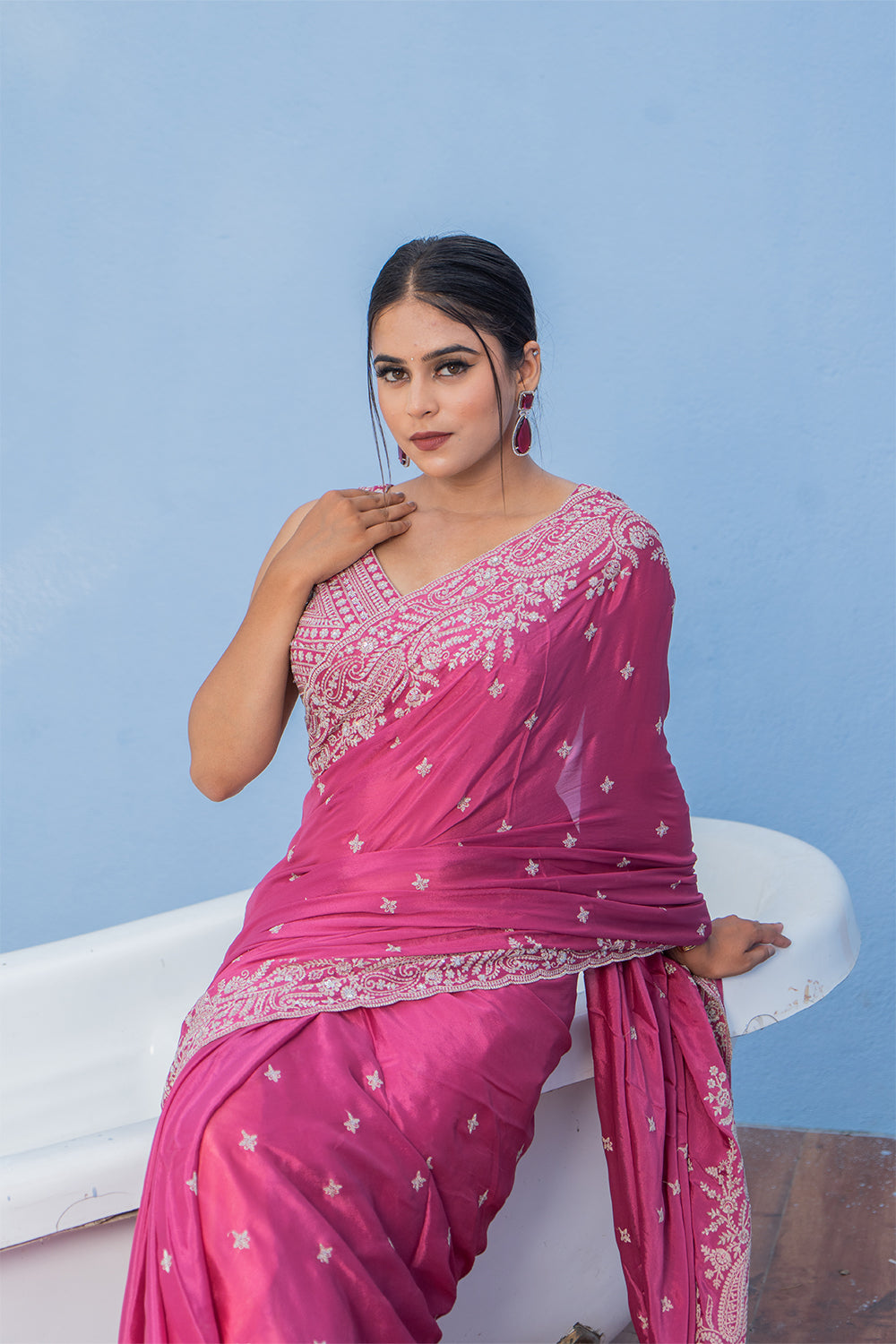 Two Blouse Concept –  Rose Pink Crepe Silk Saree with Sequin and Zari Work