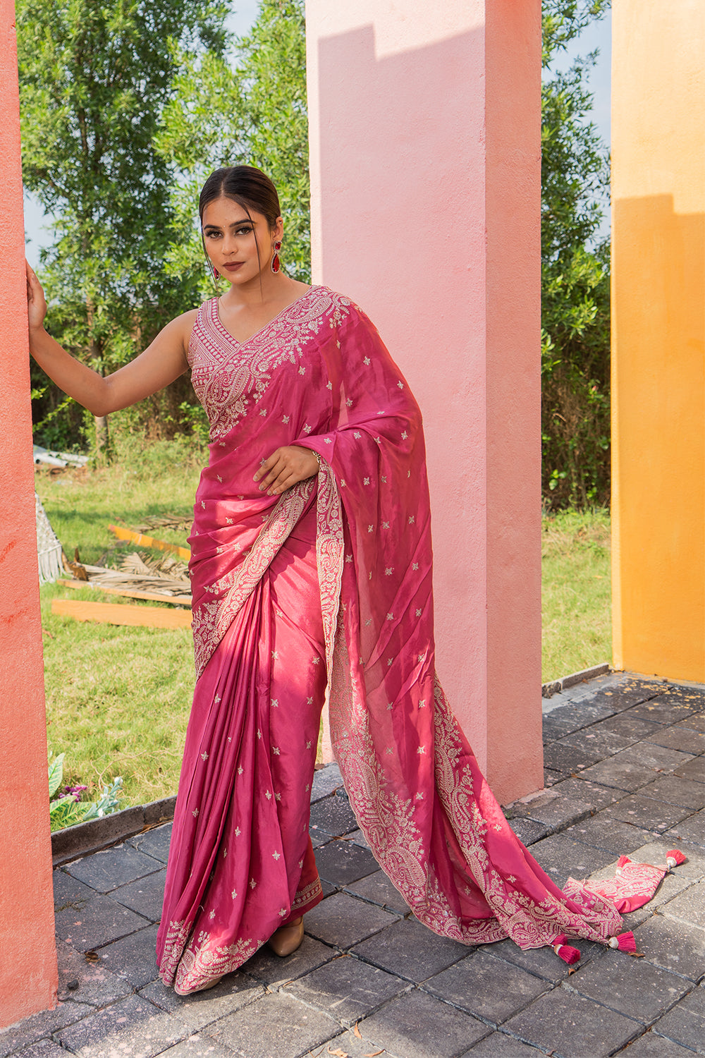 Two Blouse Concept –  Rose Pink Crepe Silk Saree with Sequin and Zari Work