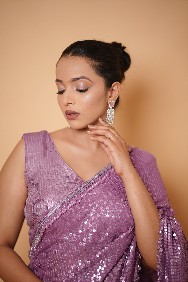 Lilac Purple All-Over Sequin Embroidery Saree
