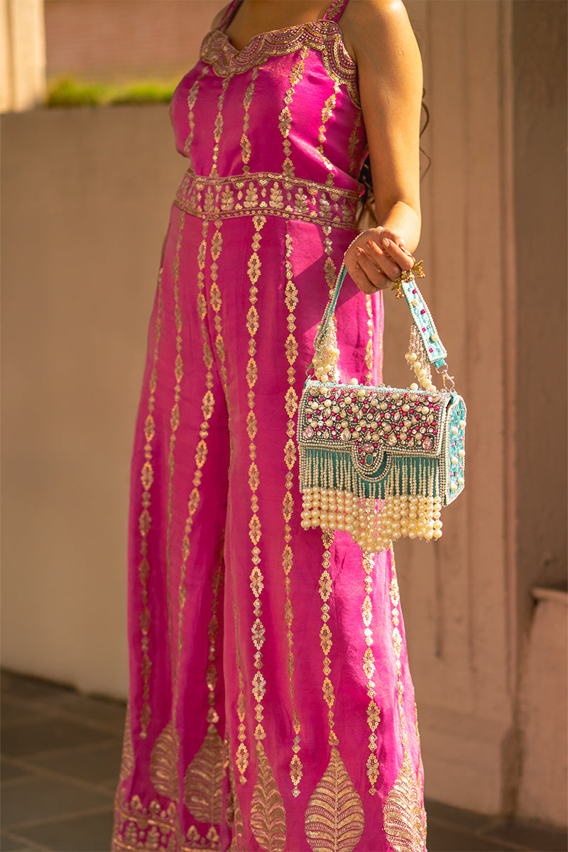 Zari Adorned Sea Blue Handbag with Pink Beads, Pearls, and Tassel