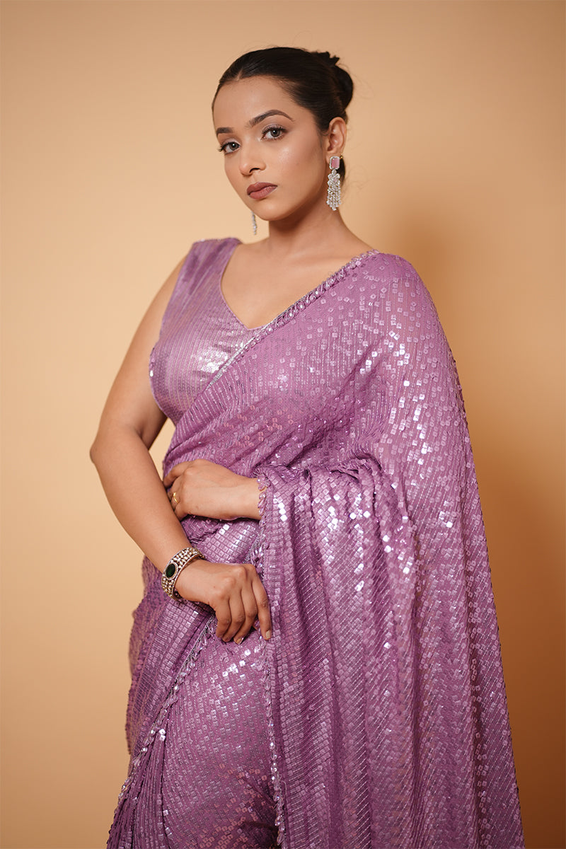 Lilac Purple All-Over Sequin Embroidery Saree