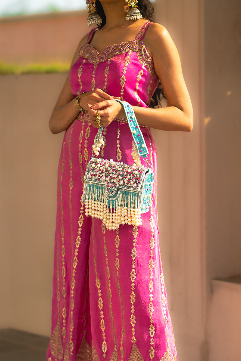 Zari Adorned Sea Blue Handbag with Pink Beads, Pearls, and Tassel