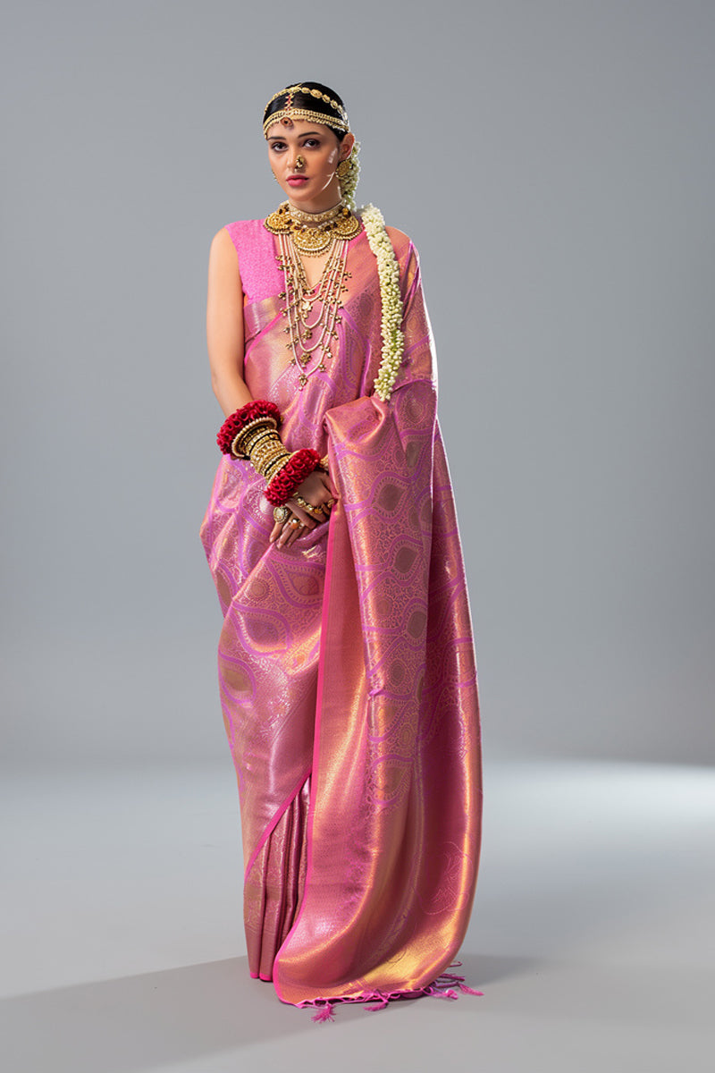 Two-Tone Baby Pink Weaving Silk Saree with Contrast Selvage Border