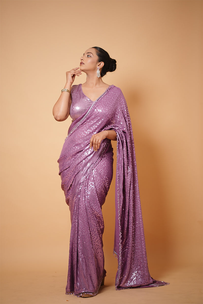 Lilac Purple All-Over Sequin Embroidery Saree