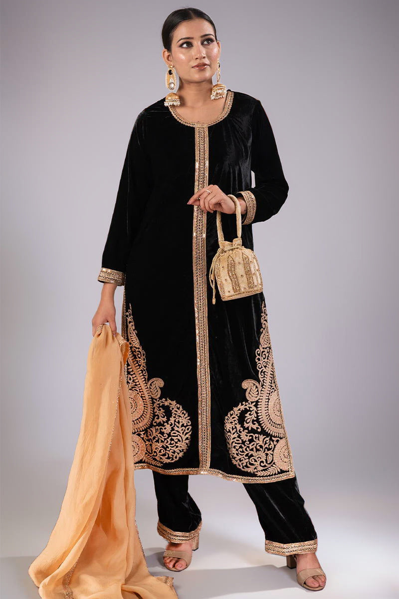 Black Velvet Long Embroidered Suit