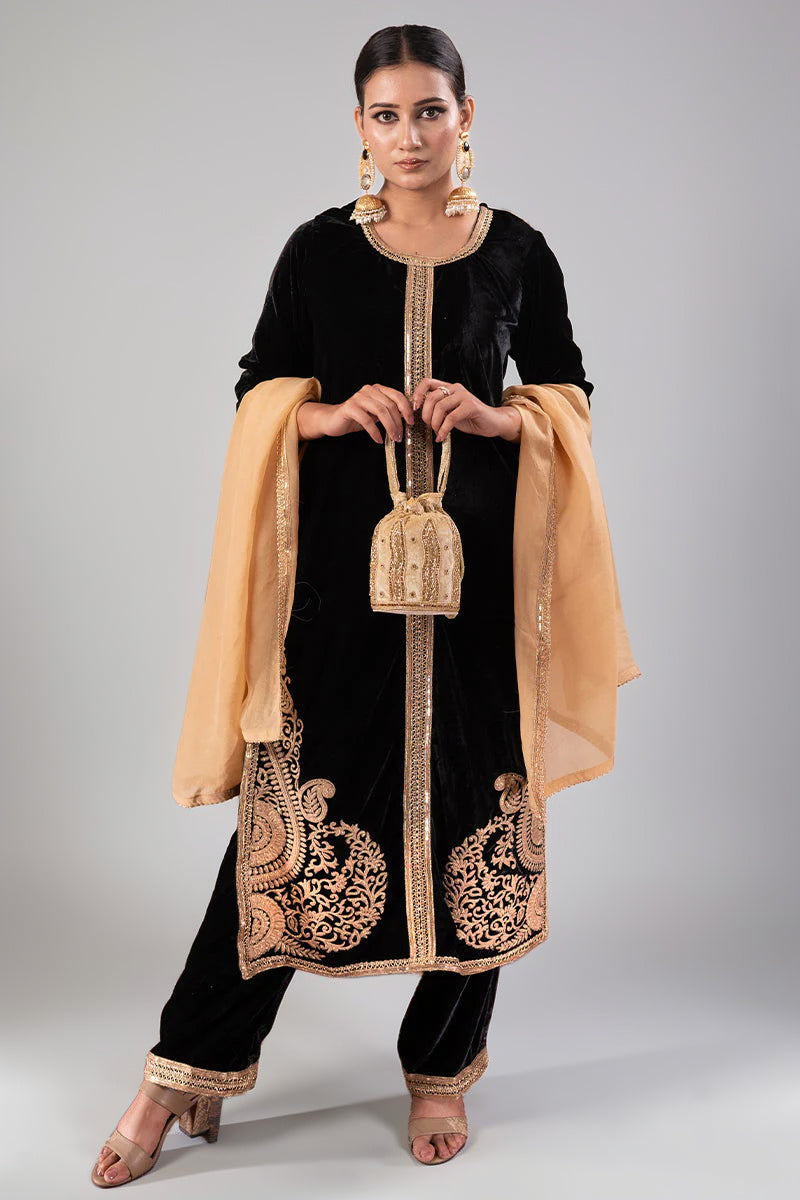 Black Velvet Long Embroidered Suit