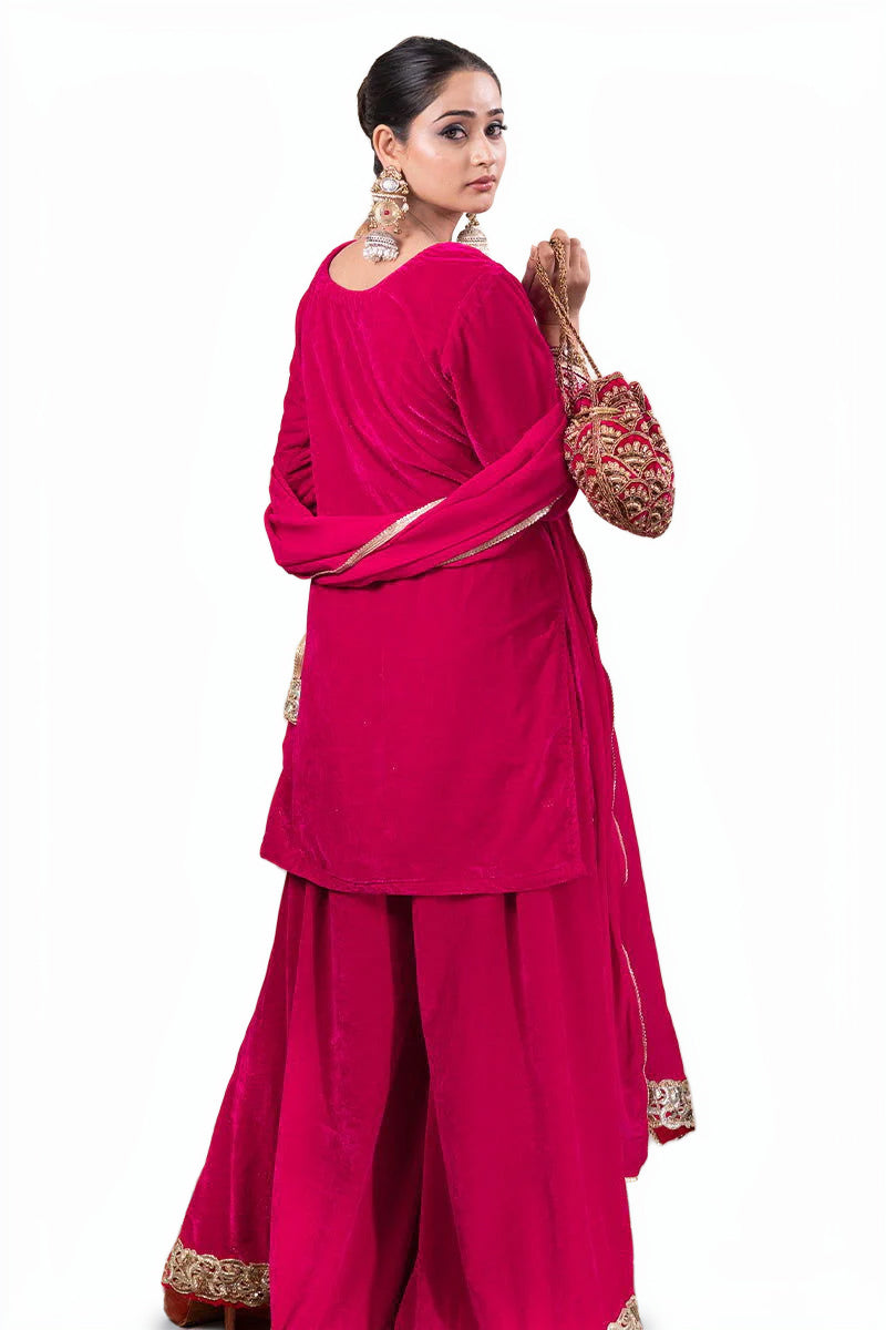 Fuchsia Pink Velvet Shimmering Kurta Palazzo Pant Suit