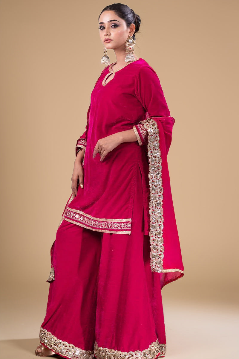 Fuchsia Pink Velvet Shimmering Kurta Palazzo Pant Suit