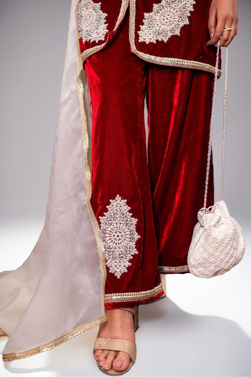 Maroon Velvet Embroidered Palazzo Sets