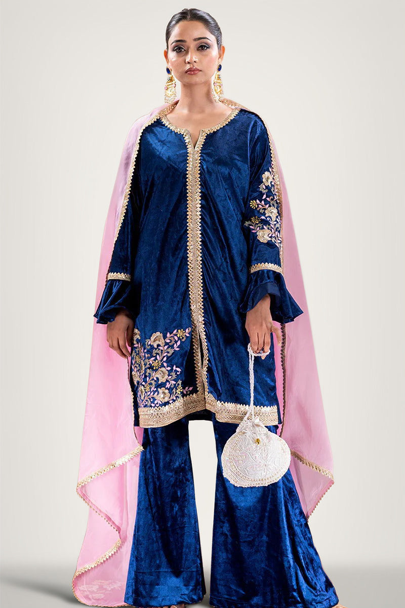 Peacock Blue Velvet Embroidered Palazzo Sets