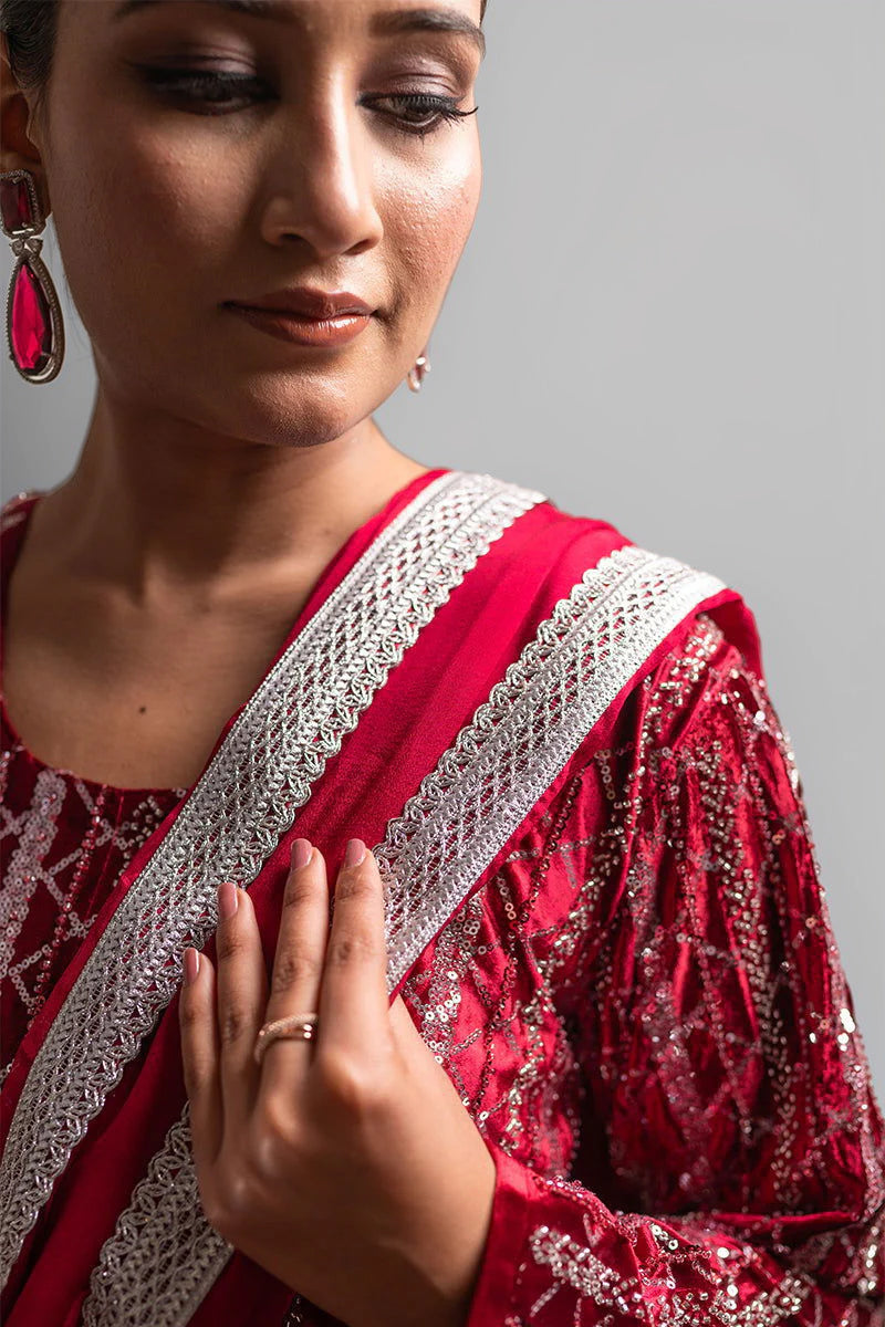 Royal Maroon Velvet Sequined Suit with Hand Embroidery & Zarcon Work