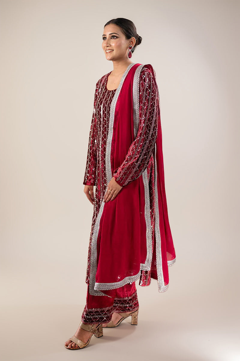 Royal Maroon Velvet Sequined Suit with Hand Embroidery & Zarcon Work