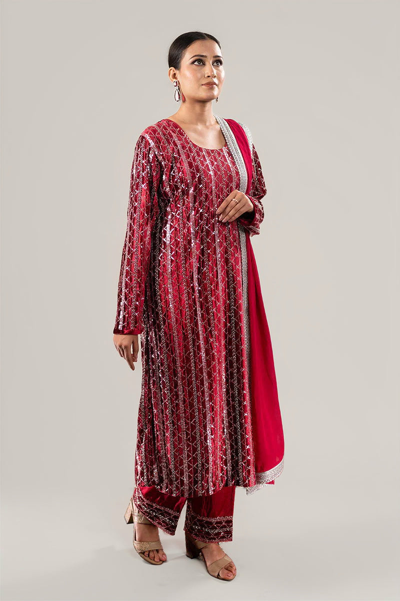 Royal Maroon Velvet Sequined Suit with Hand Embroidery & Zarcon Work
