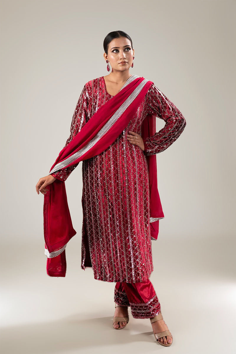 Royal Maroon Velvet Sequined Suit with Hand Embroidery & Zarcon Work