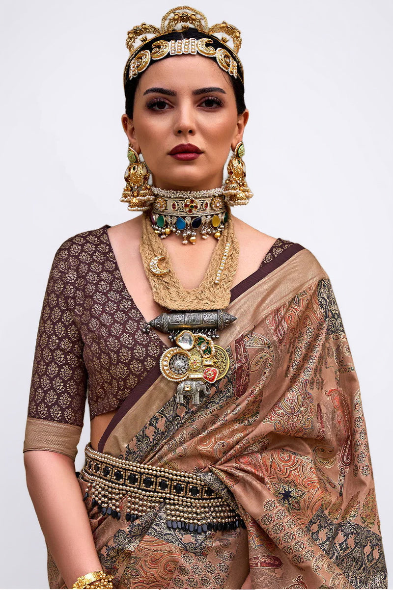 Coffee Brown Raw Silk Saree with Floral Motifs