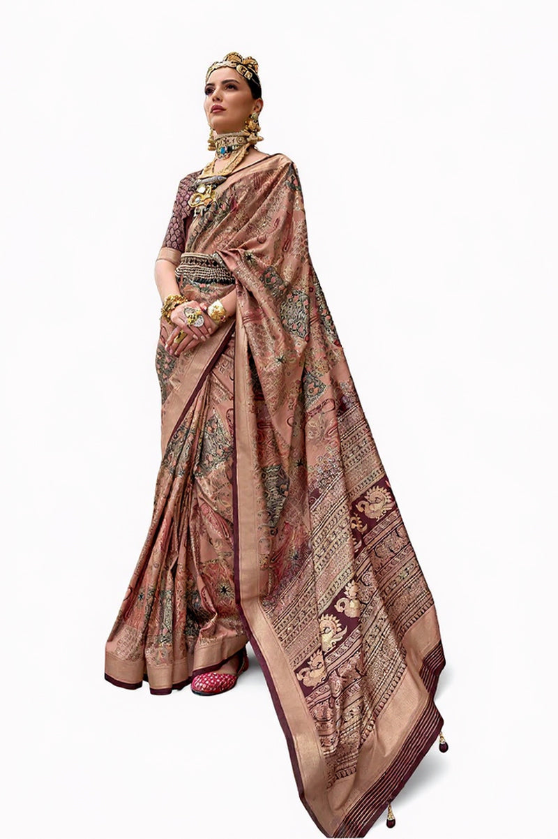 Coffee Brown Raw Silk Saree with Floral Motifs