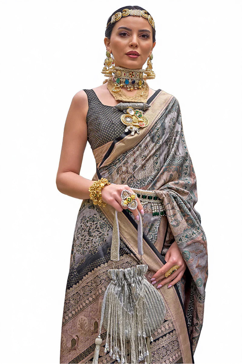 Grey Raw Silk Saree with Floral Motifs