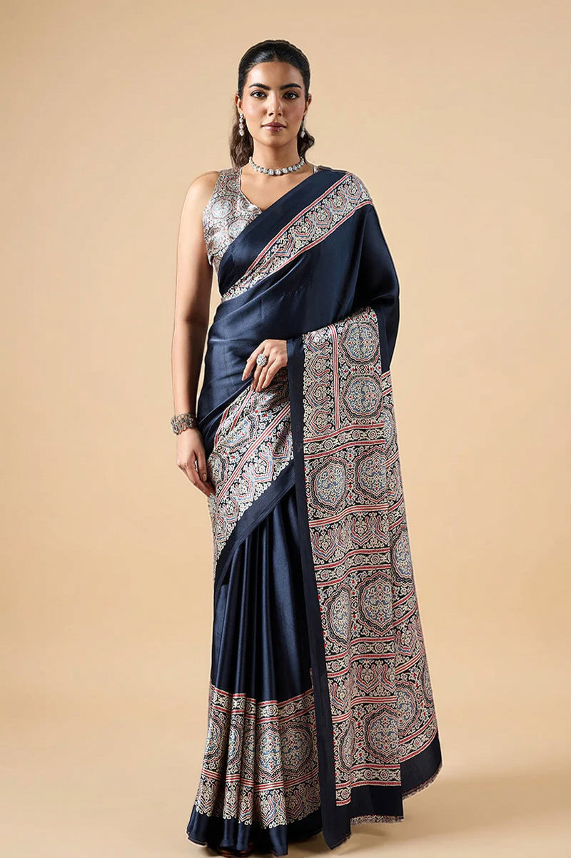 Black Pure Satin Modal Silk Saree with Ajrakh Print
