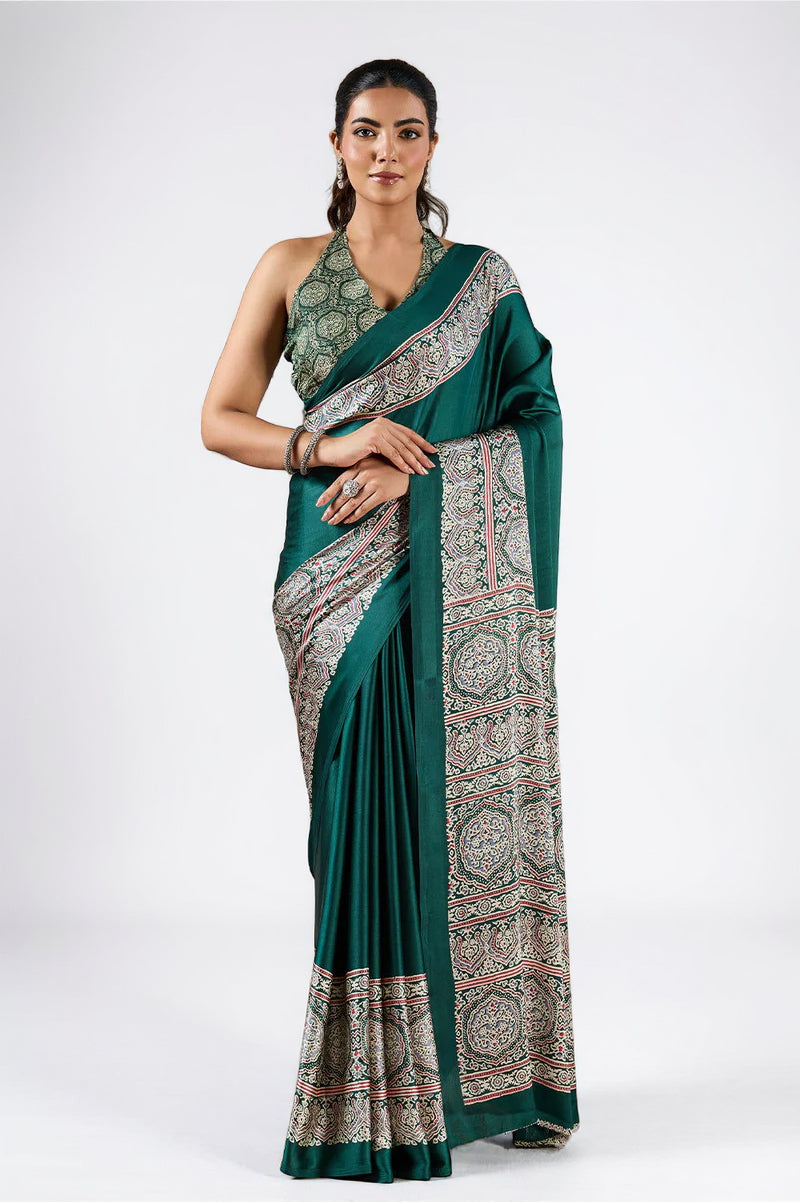 Dark Green Satin Modal Silk Saree with Ajrak Print