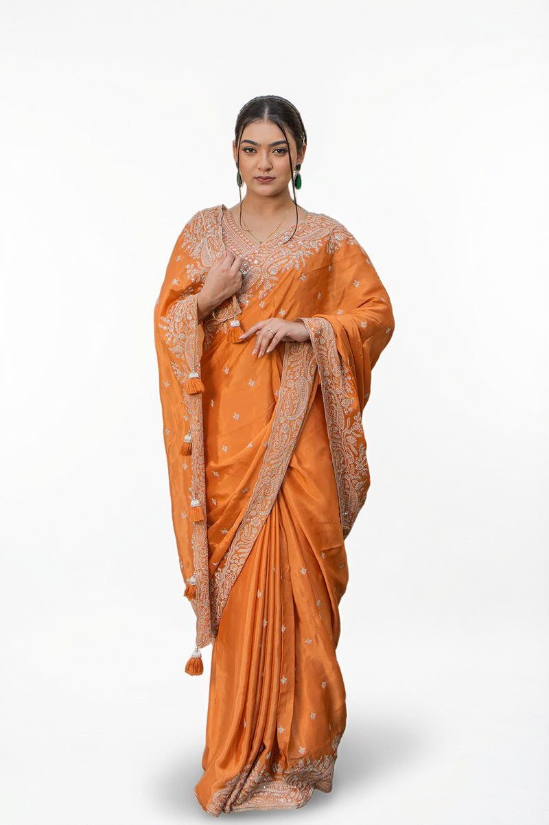 Two Blouse Concept – Rust Orange Crepe Silk Saree with Sequin and Zari Work