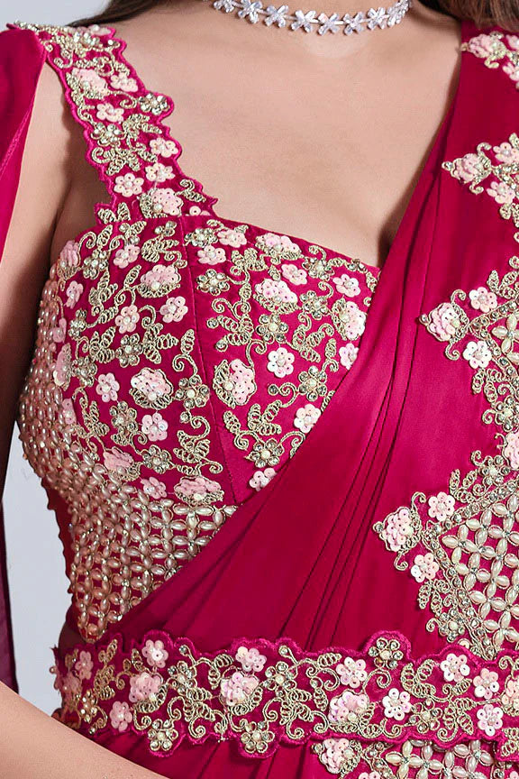 MAYRAKE Deep Rani Pink Ready-to-Wear Crepe Satin Silk Saree with Sequins & Moti Work