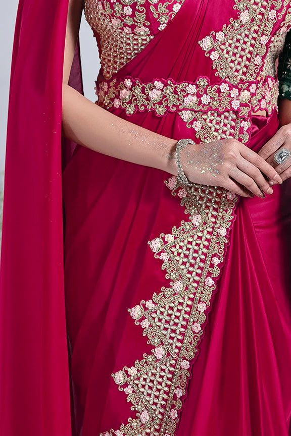 MAYRAKE Deep Rani Pink Ready-to-Wear Crepe Satin Silk Saree with Sequins & Moti Work
