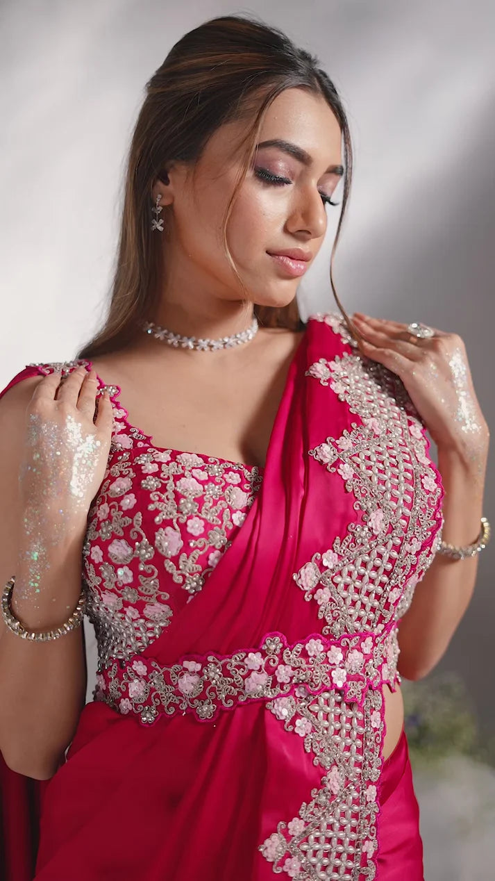 MAYRAKE Deep Rani Pink Ready-to-Wear Crepe Satin Silk Saree with Sequins & Moti Work
