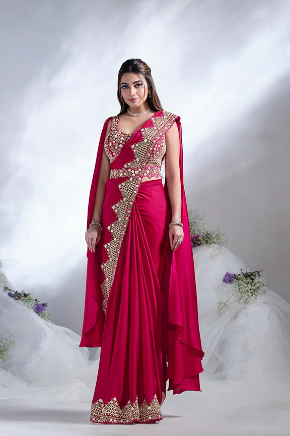 MAYRAKE Deep Rani Pink Ready-to-Wear Crepe Satin Silk Saree with Sequins & Moti Work