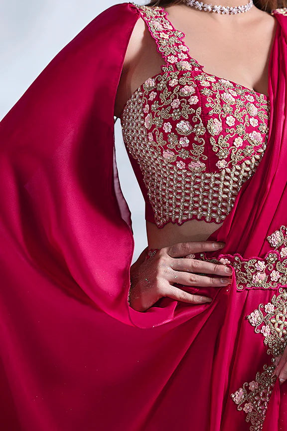 MAYRAKE Deep Rani Pink Ready-to-Wear Crepe Satin Silk Saree with Sequins & Moti Work