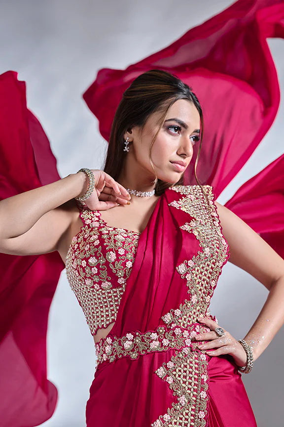 MAYRAKE Deep Rani Pink Ready-to-Wear Crepe Satin Silk Saree with Sequins & Moti Work