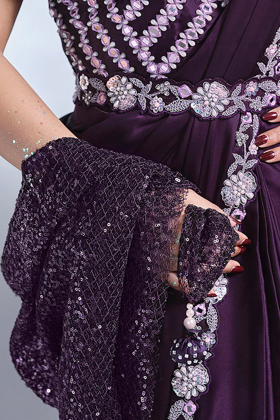 MAYRAKE Purple Mirror Work Satin Silk Ready to Wear Saree with Sequins & Moti Work