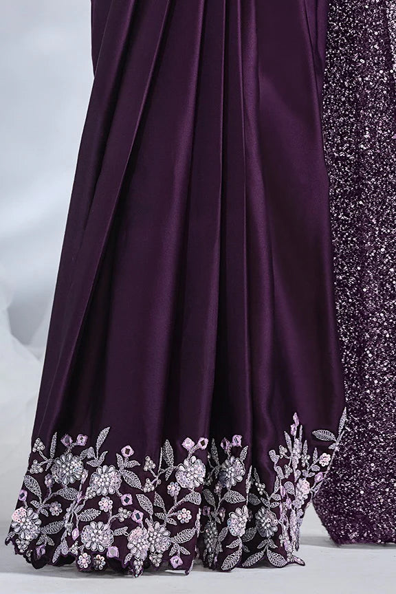 MAYRAKE Purple Mirror Work Satin Silk Ready to Wear Saree with Sequins & Moti Work