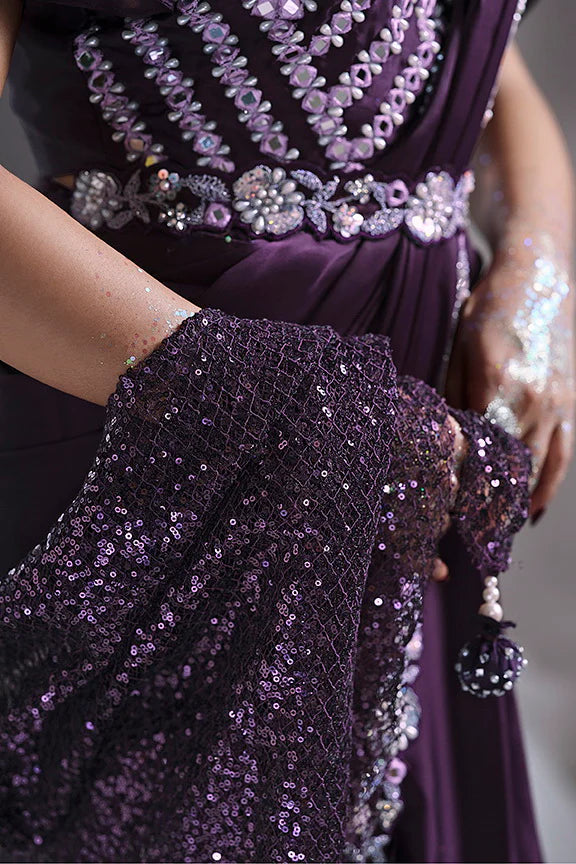 MAYRAKE Purple Mirror Work Satin Silk Ready to Wear Saree with Sequins & Moti Work