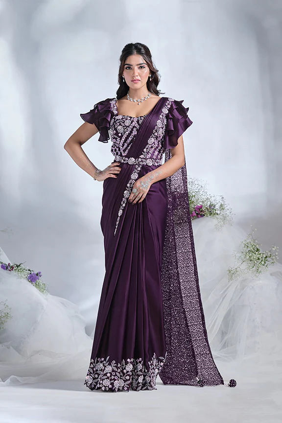 MAYRAKE Purple Mirror Work Satin Silk Ready to Wear Saree with Sequins & Moti Work