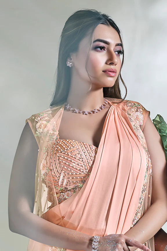 MAYRAKE Peach Ready-to-Wear Crepe Satin Silk Saree with Sequins & Moti Work