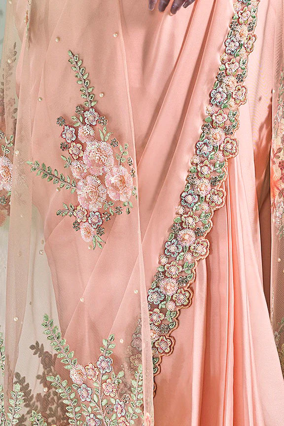MAYRAKE Peach Ready-to-Wear Crepe Satin Silk Saree with Sequins & Moti Work
