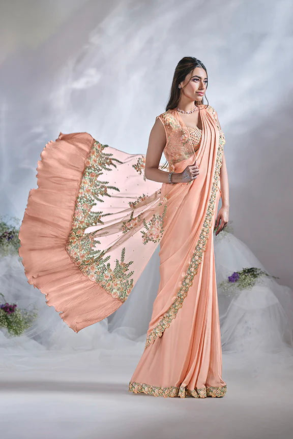 MAYRAKE Peach Ready-to-Wear Crepe Satin Silk Saree with Sequins & Moti Work