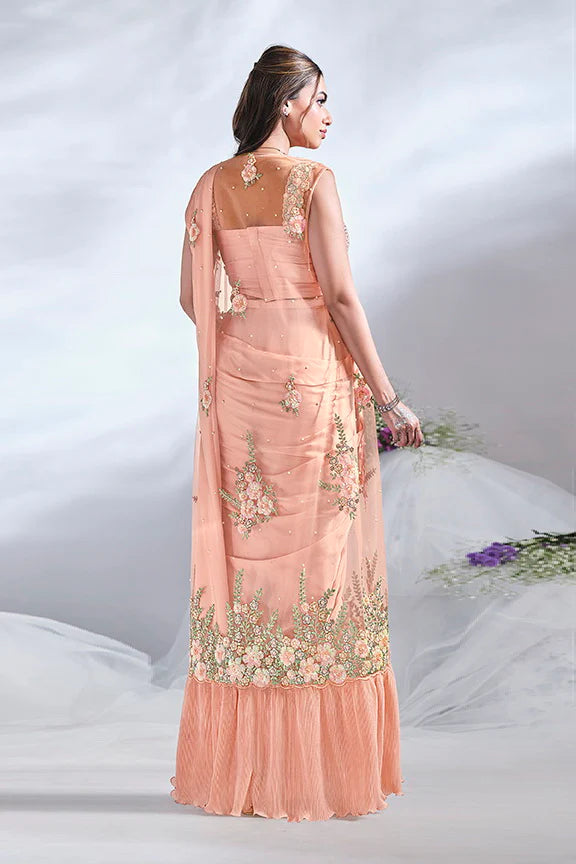 MAYRAKE Peach Ready-to-Wear Crepe Satin Silk Saree with Sequins & Moti Work